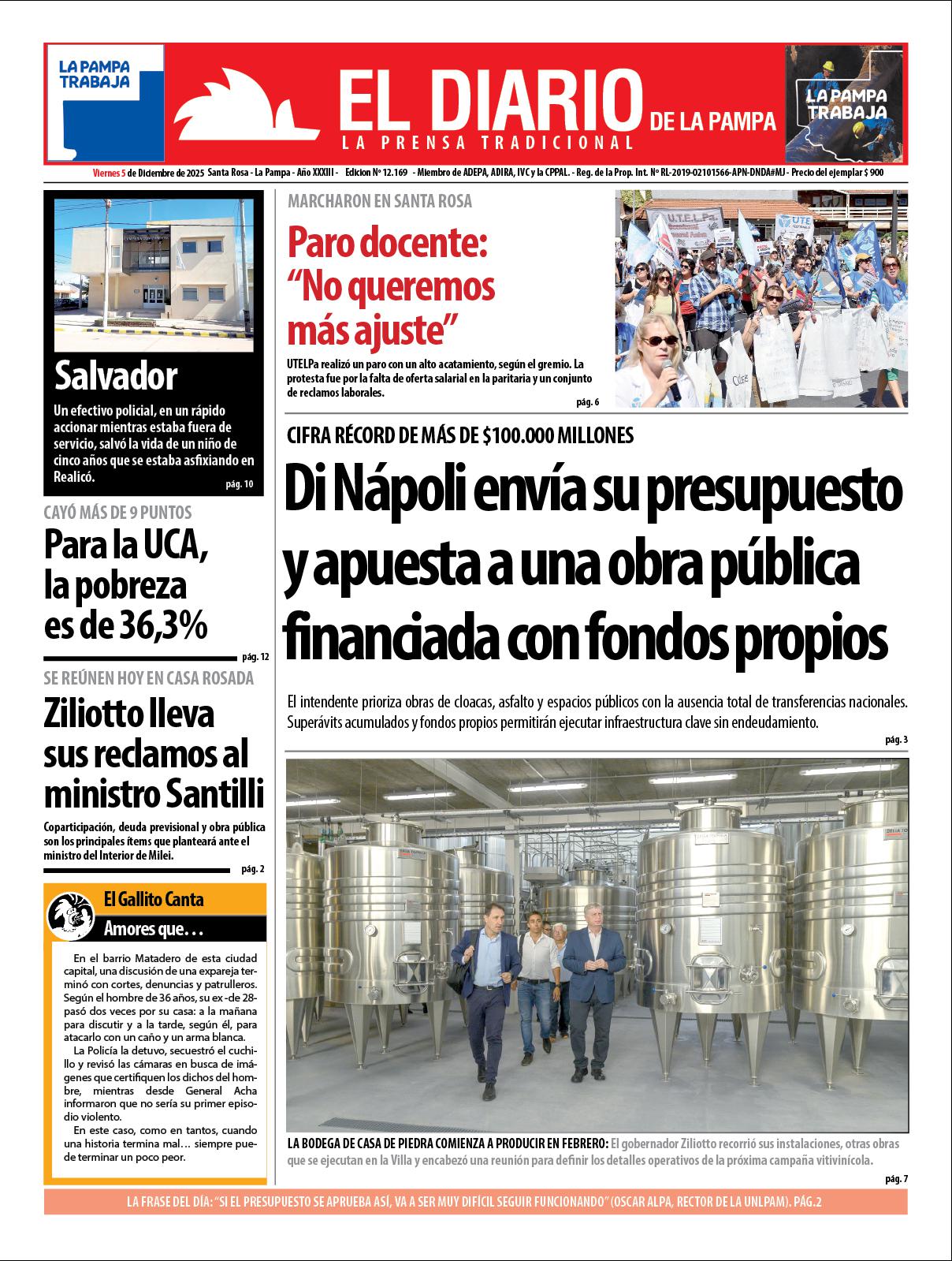 Tapa de El Diario en papel  viernes 05 de diciembre de 2025